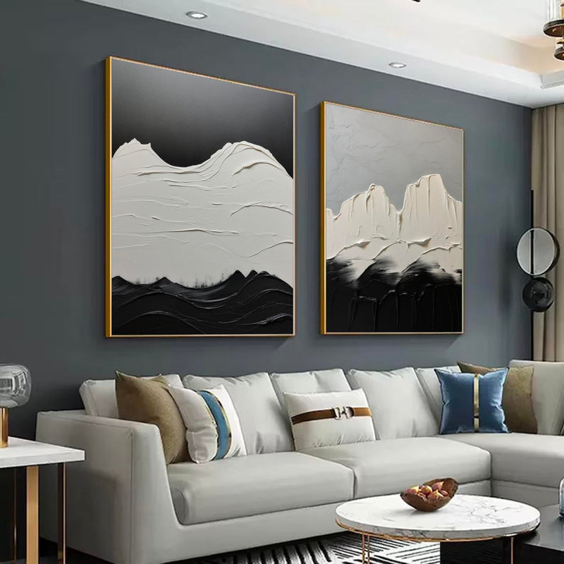 Set Of 2 Minimalist Canvas Painting White And Black Minimalist Acrylic Painting Black and White Abstract Art