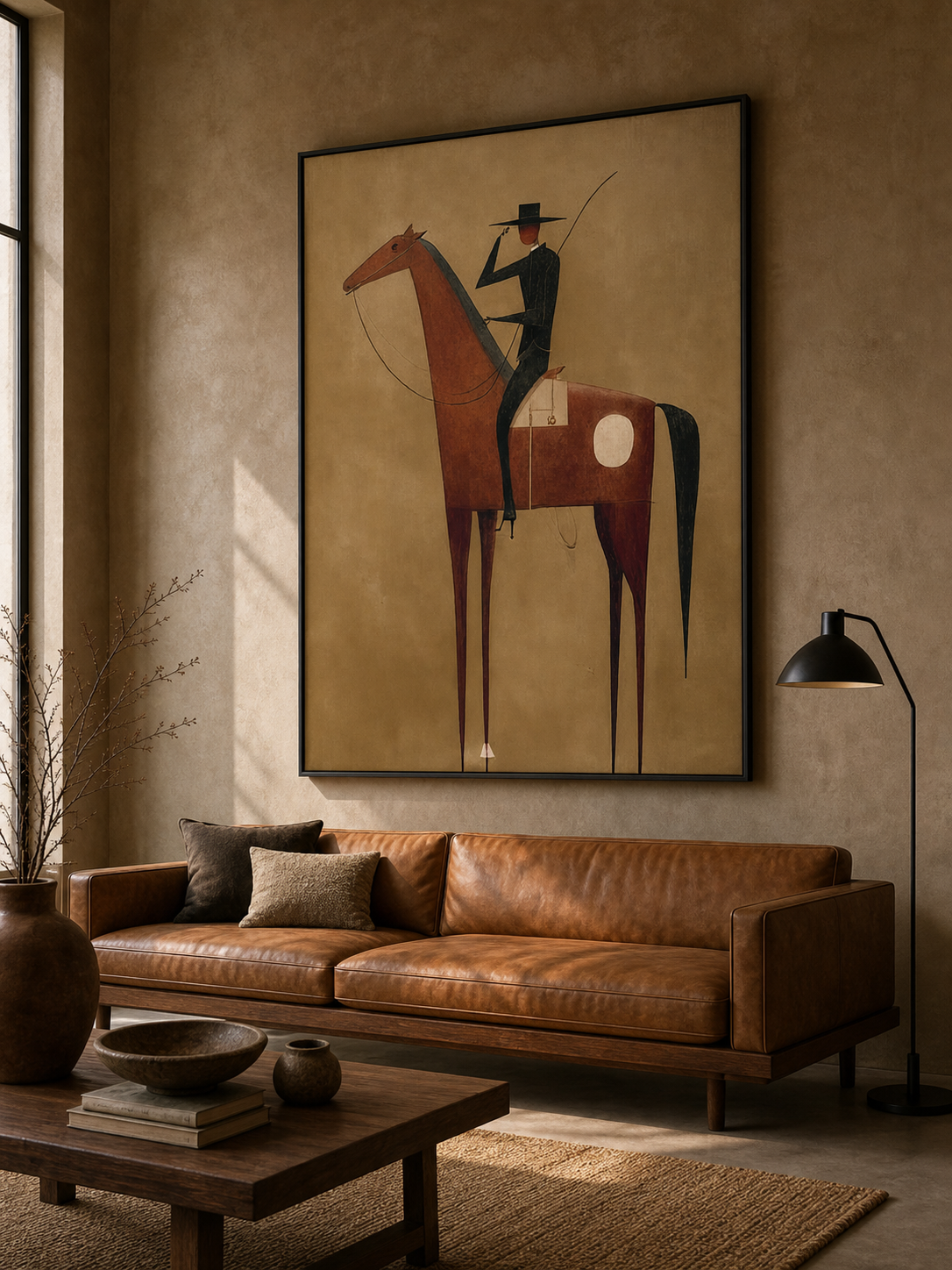 Vintage Minimalist Horse And Rider Painting For Modern Home Decor With Earthy Tones