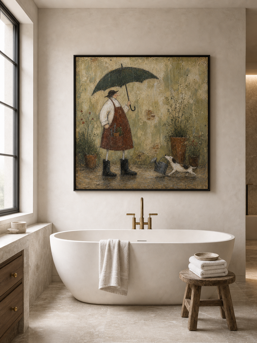 Vintage Gardener With Dog Painting In Earthy Tones For Cozy Home Decor