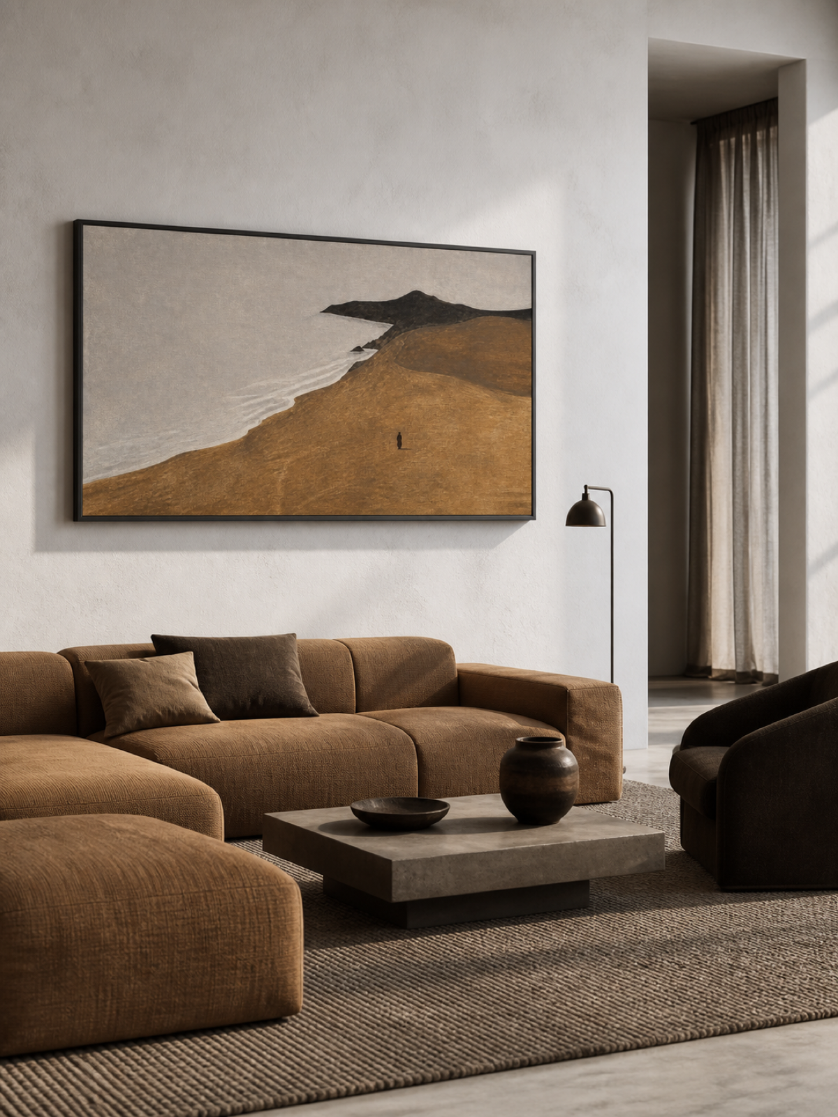 Solitary Figure Coastal Landscape Hand-Painted Canvas Art In Taupe And Silver