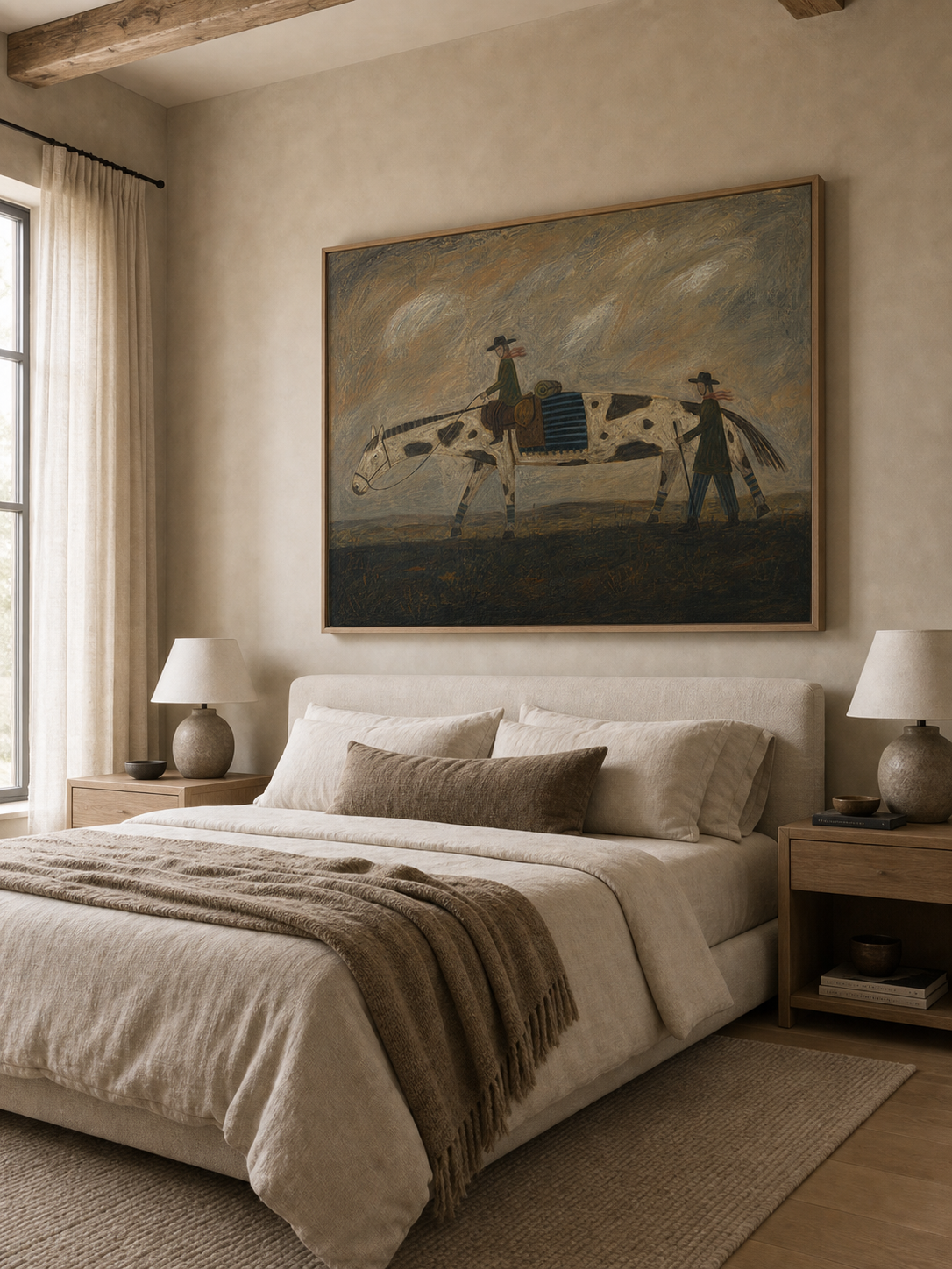 Vintage Western Horse And People Painting For Rustic Living Room Wall Art Decor