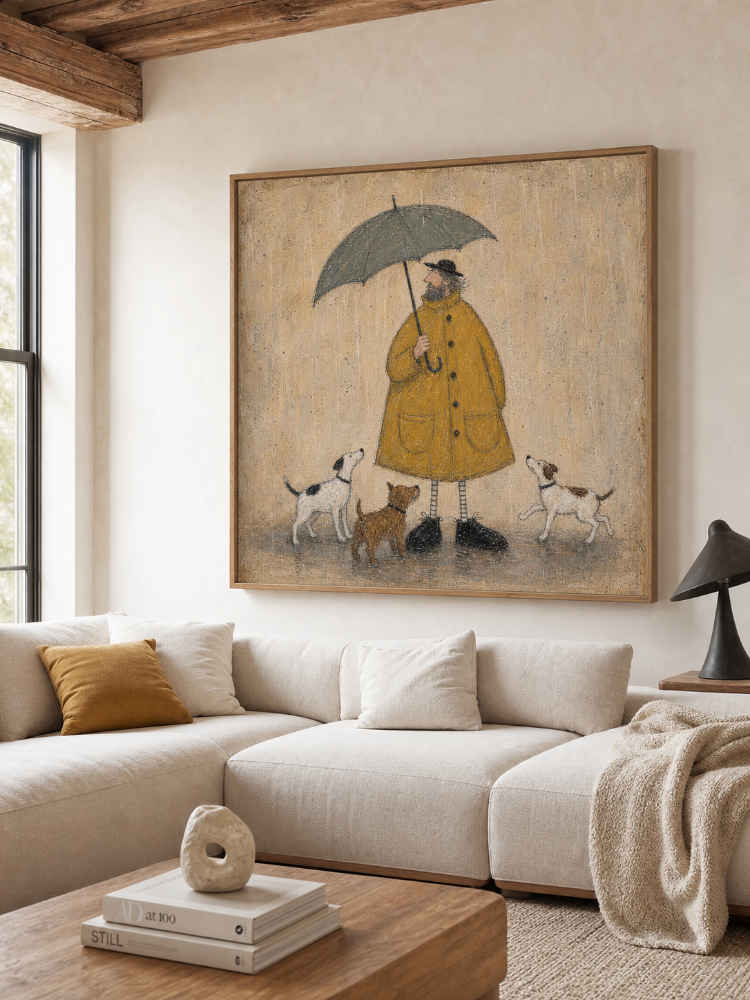 Whimsical Man With Dogs Under Umbrella Vintage Oil Painting For Cozy Home Decor