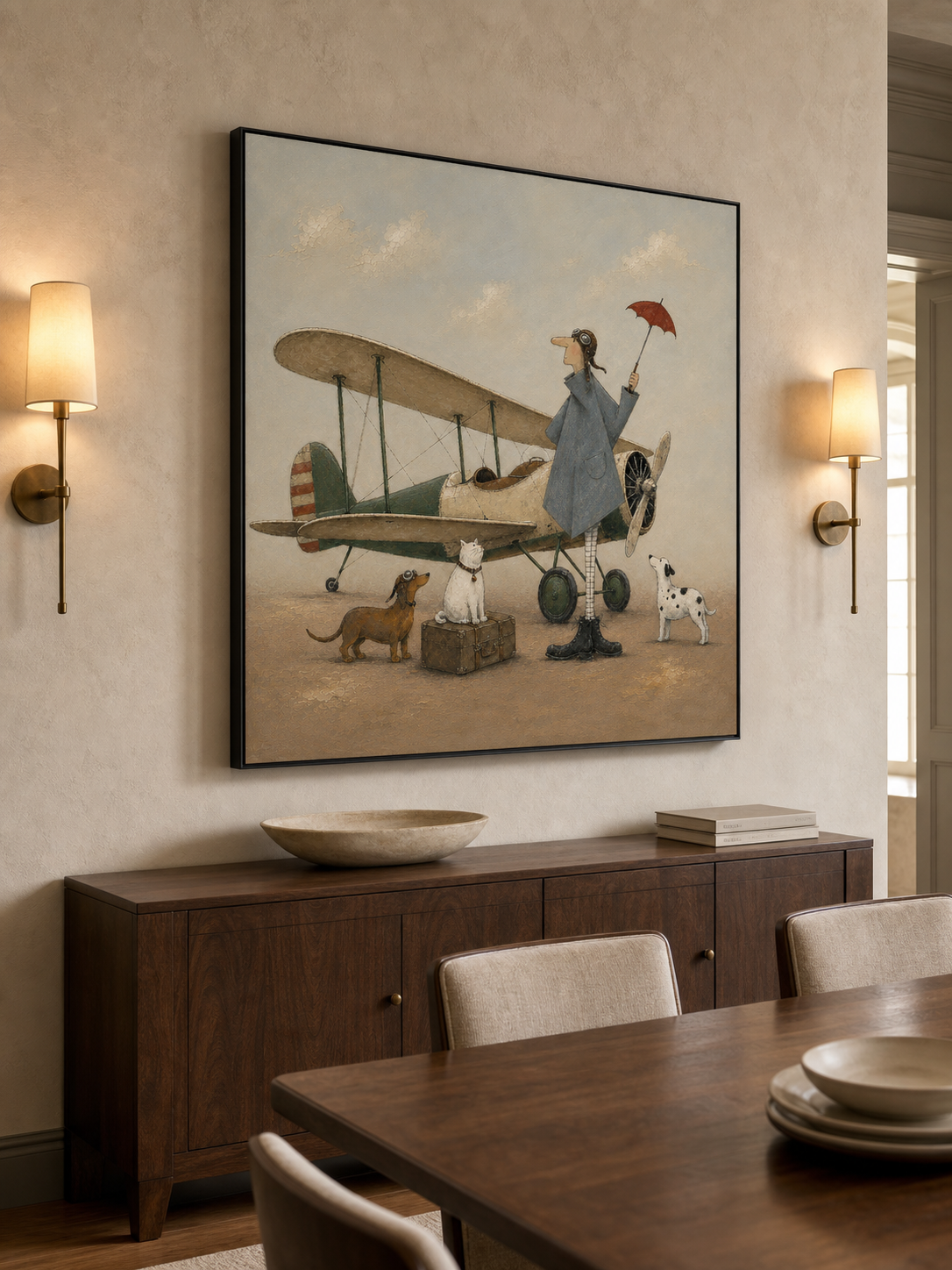 Minimalist Vintage Airplane Canvas Painting Handmade Retro Pilot With Dogs Art