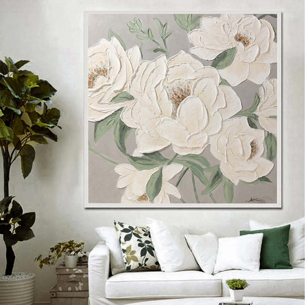 3d White Flower Oil Painting White Textured Flower Wall Art Minimalist ...