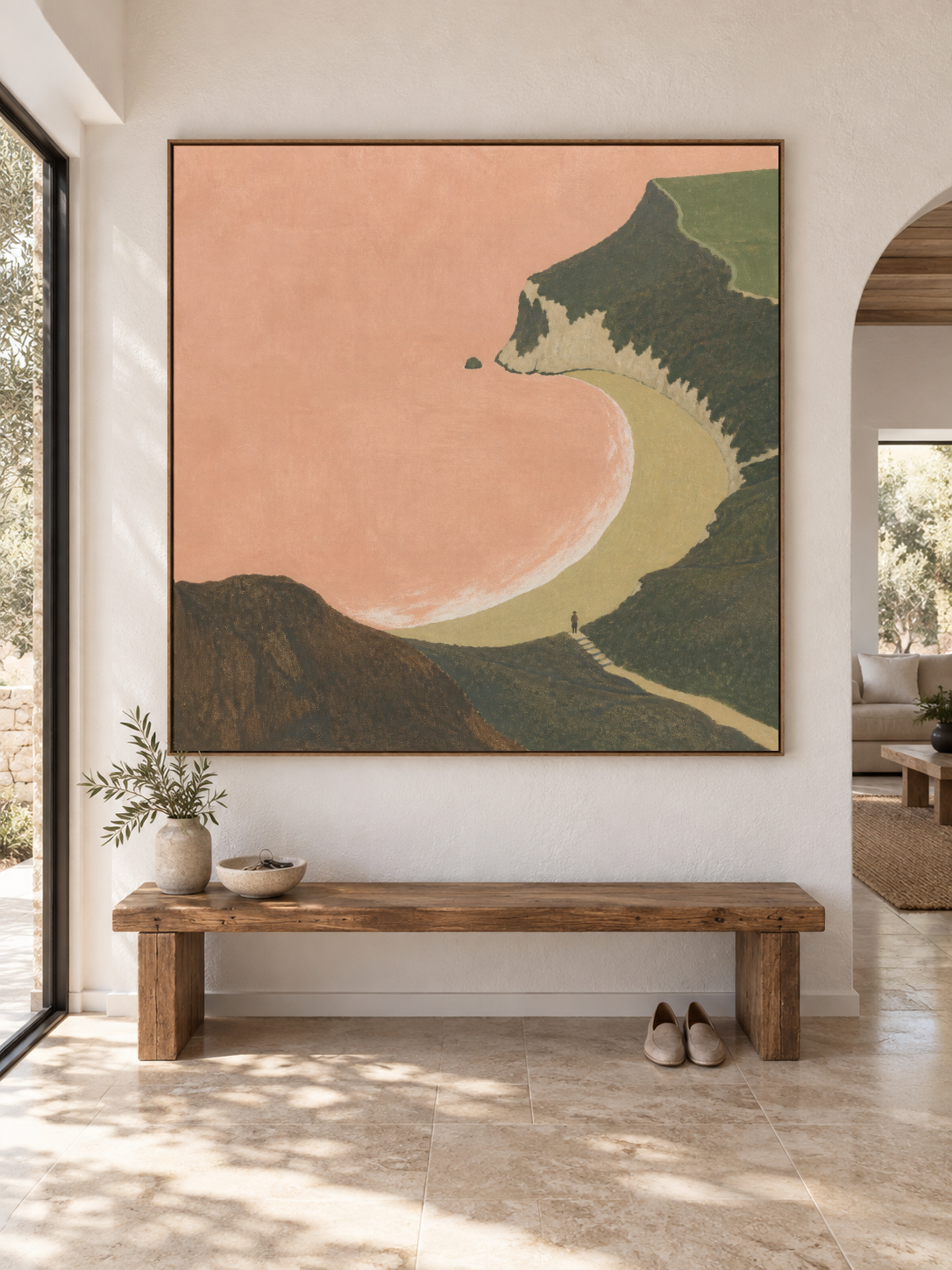 Solitary Figure On Cliffside Path Overlooking Pink Bay Canvas Painting