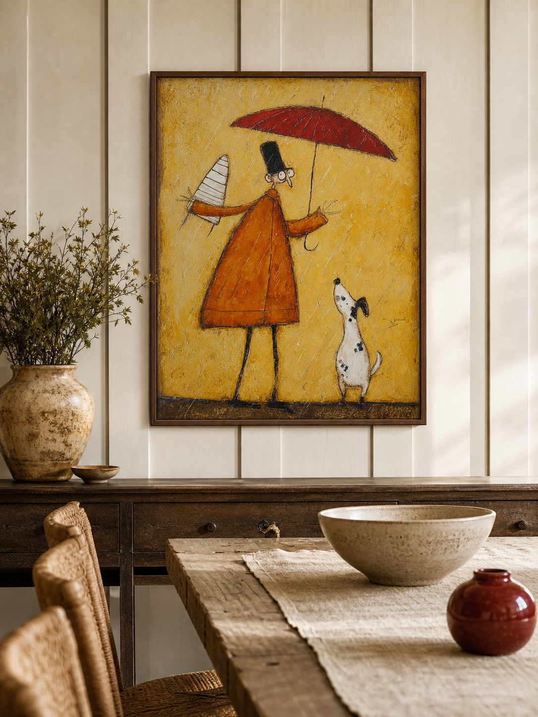 Handmade Minimalist People Canvas Painting Warm Yellow Retro Decor Framed Art