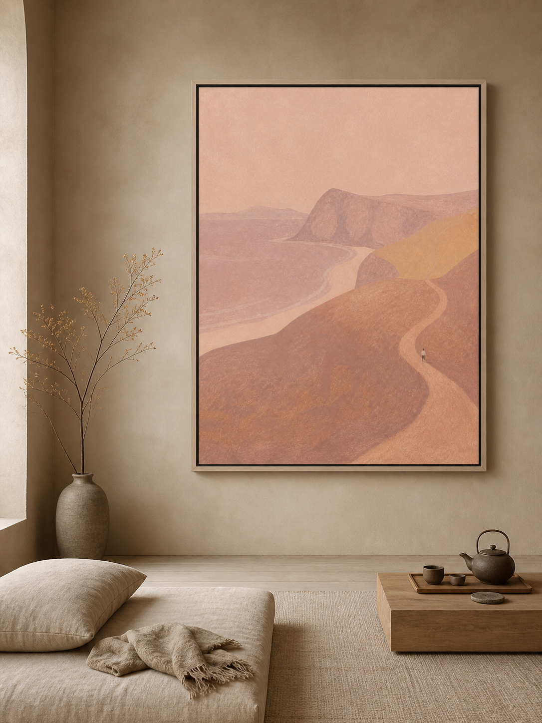 Minimalist Figure On Winding Path Hand-Painted Canvas Art In Earth Tones