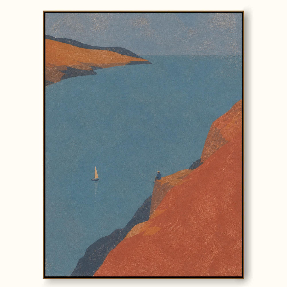 Sailboat And Seated Traveler On Terracotta Coast Hand-Painted Canvas Art