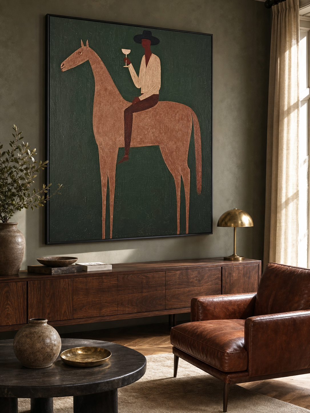 Vintage Equestrian Art Print Featuring Gentleman On Horse With Green Background For Living Room Decor