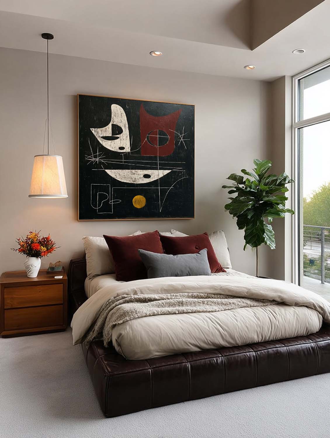 Large Vertical Black And Red Abstract Painting For Modern Living Room