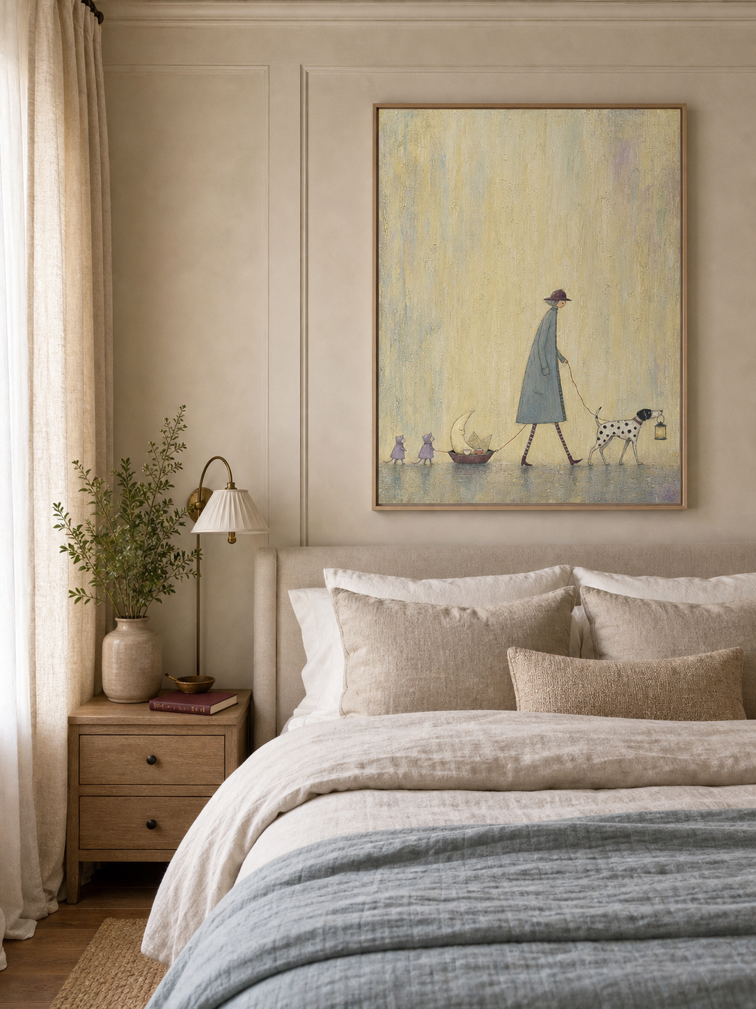 Whimsical Dog And Moon Art For Kids Room Naive Folk Painting