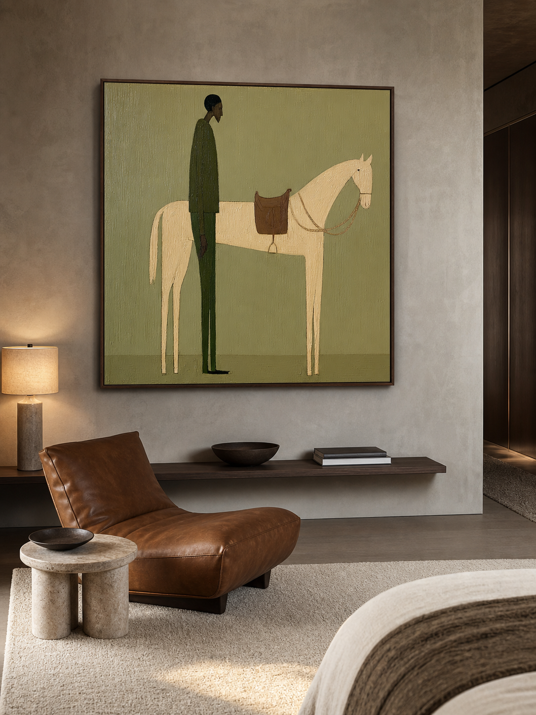 Vintage Minimalist Oil Painting Of Man With Horse In Large Framed Canvas Art