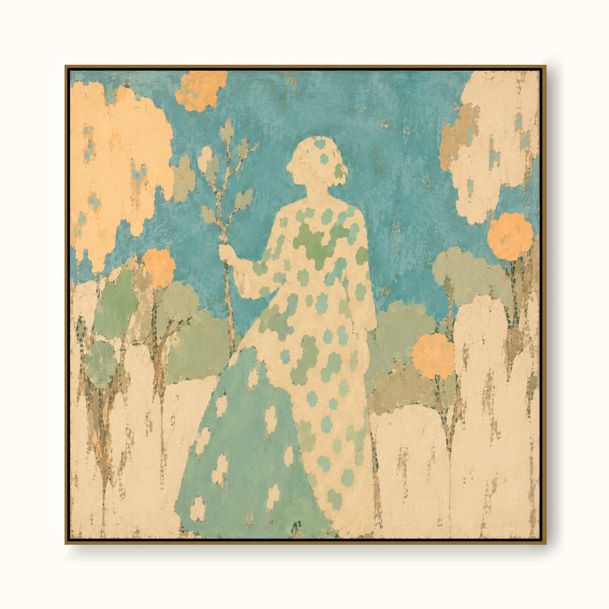 Woman In Garden Turquoise Canvas Painting Hand-Painted Wall Art