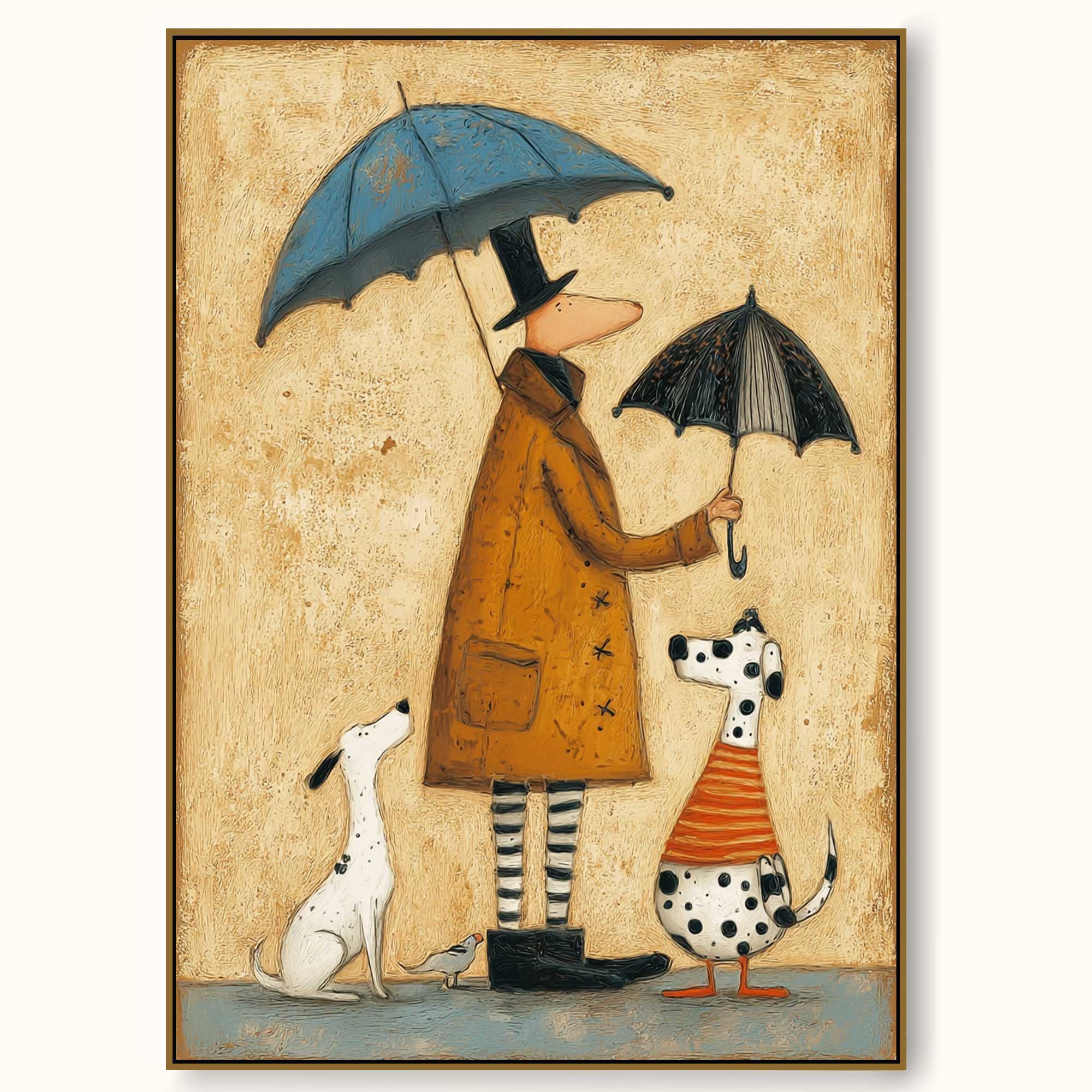 Vintage Whimsical Oil Painting Of Man With Dogs And Umbrellas In Retro Style For Home Decor
