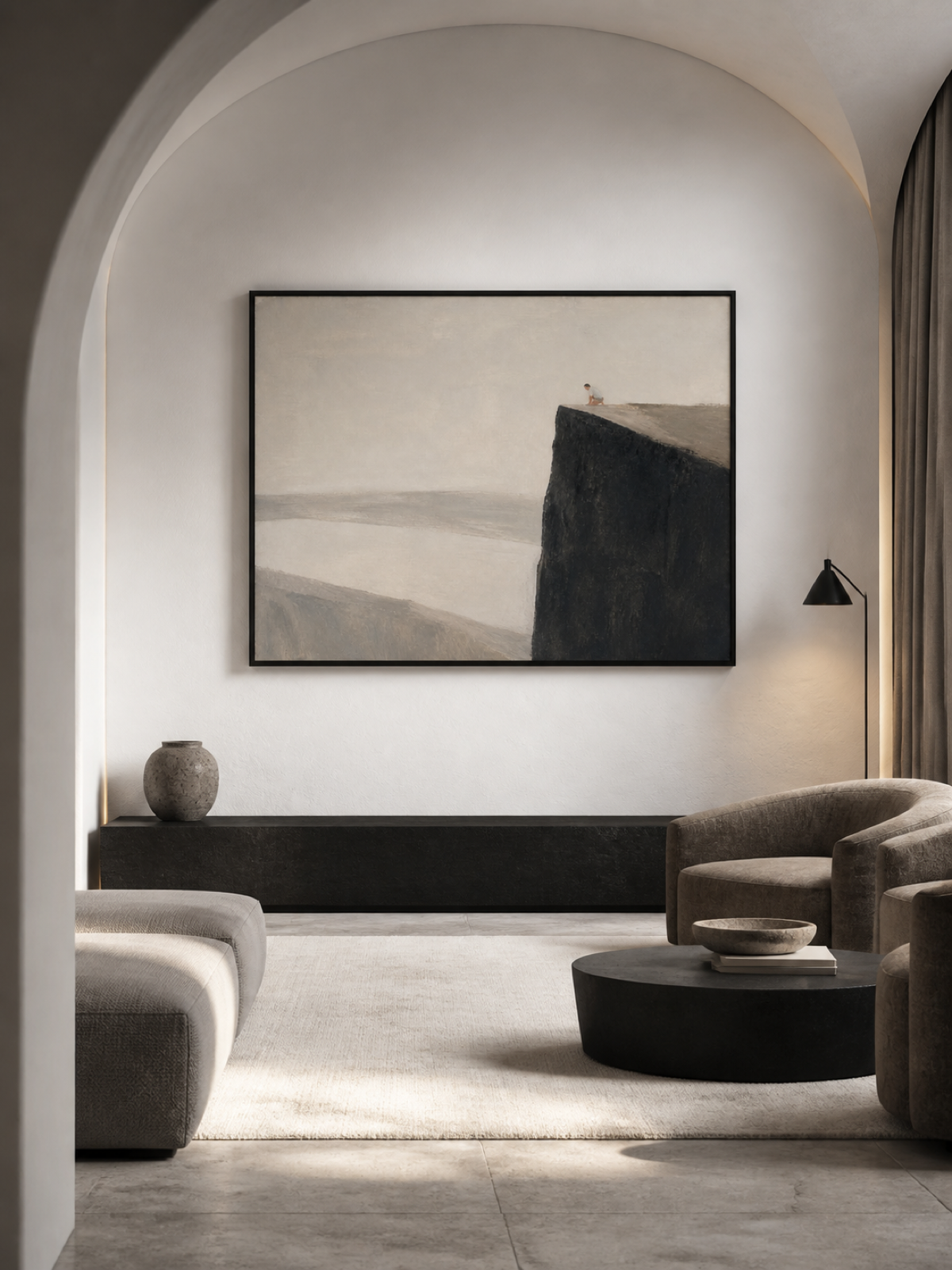 Neutral Black Cliff Oil Painting With A Solitary Figure Modern Wall Art