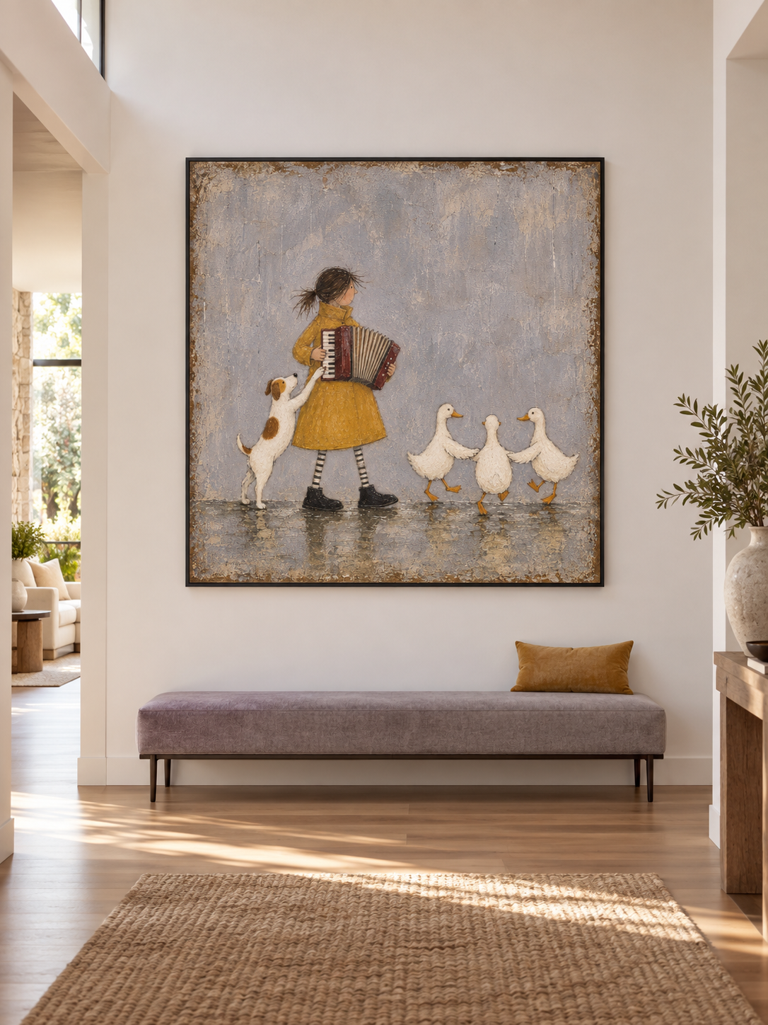 Girl With Accordion And Ducks Hand-Painted Canvas Art In Yellow And Grey