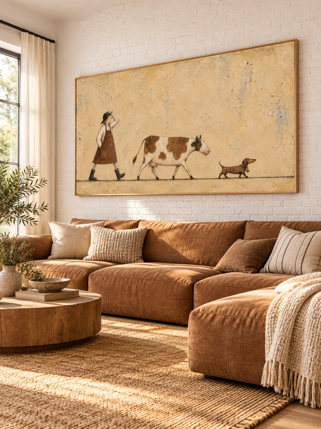 Minimalist Cow And Dachshund Painting Whimsical Rural Life Canvas Wall Art Artwork