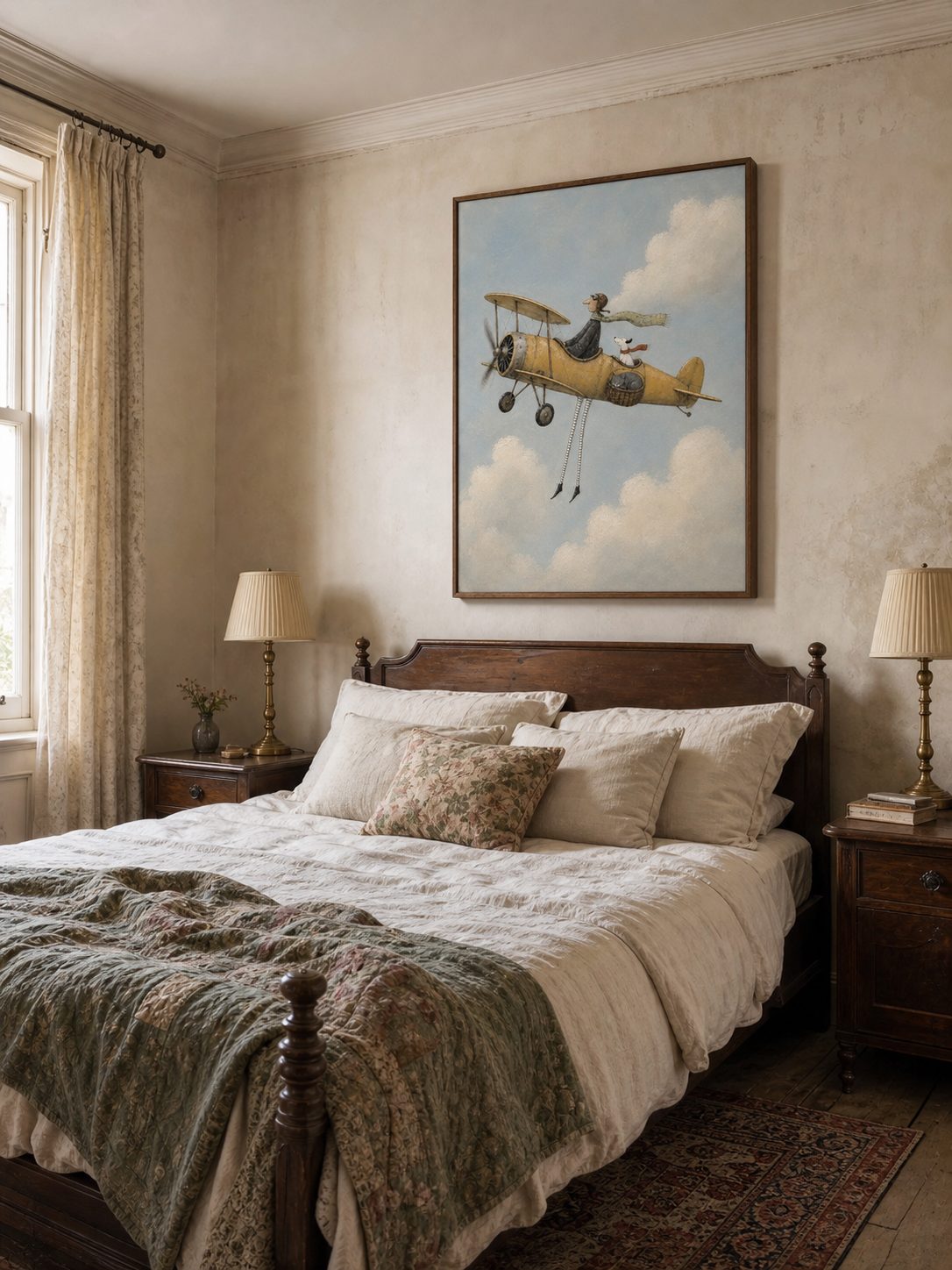 Retro Aviation Art Print With Pilot And Dog In Sky For Home Wall Decor