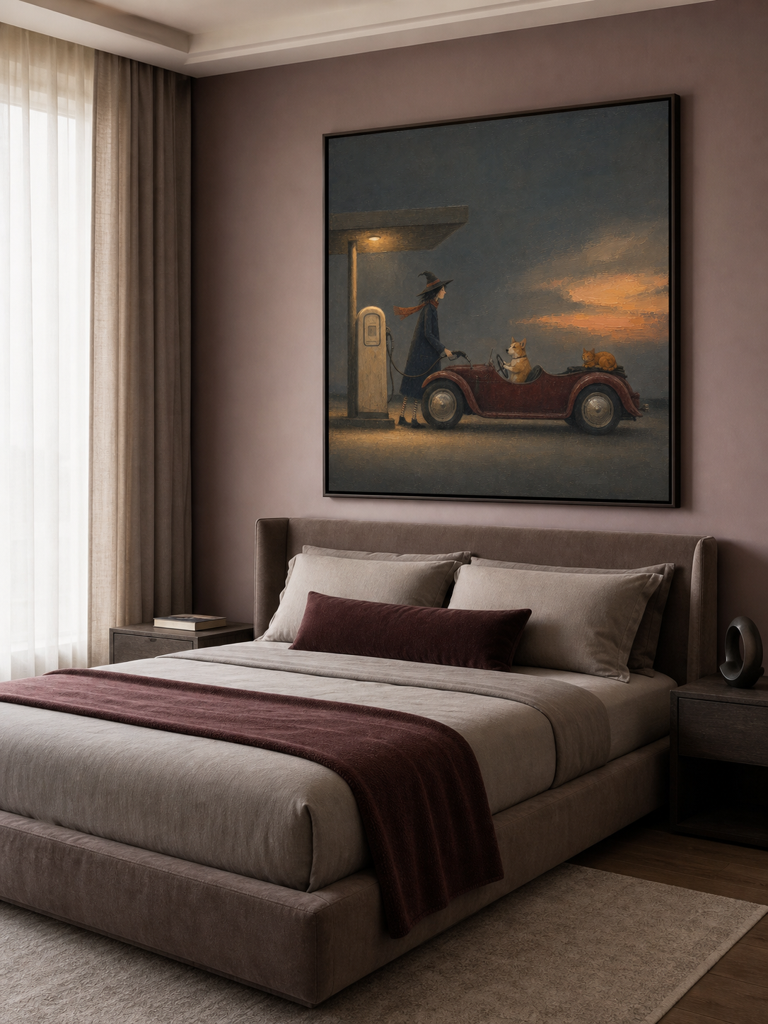 Vintage Car Painting With Witch And Dog Classic Wall Art For Home Decor