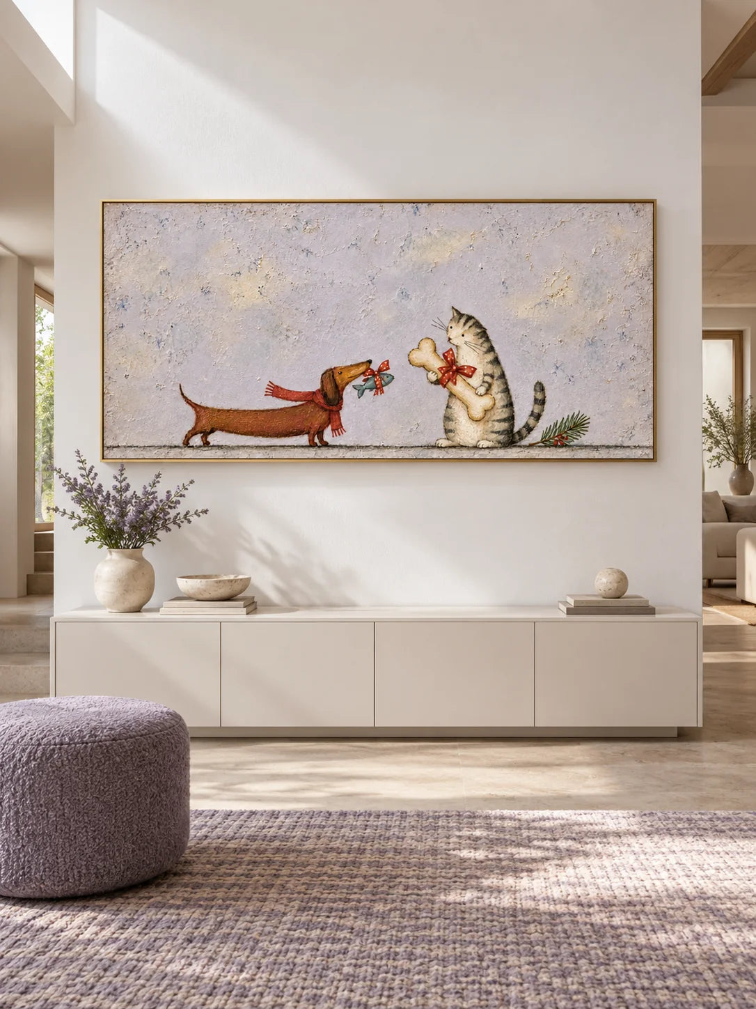 Hand-Painted Cat And Dog Art With Holiday Gifts Canvas Painting