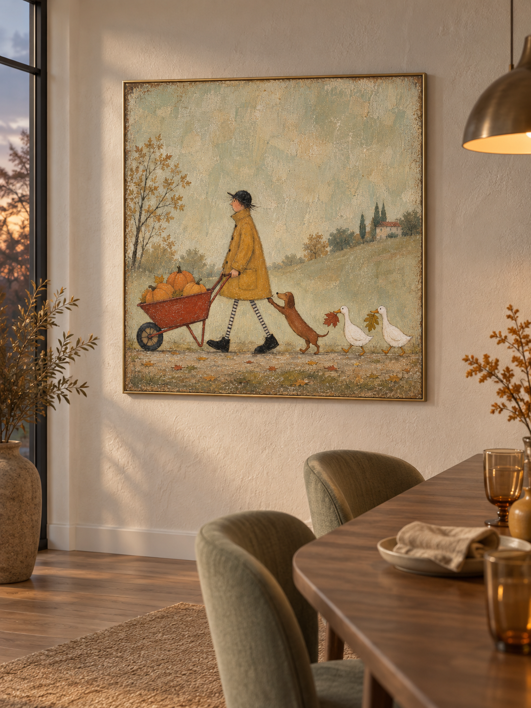 Autumn Harvest Canvas Art With Dog Ducks And Pumpkins For Kids Room Decor