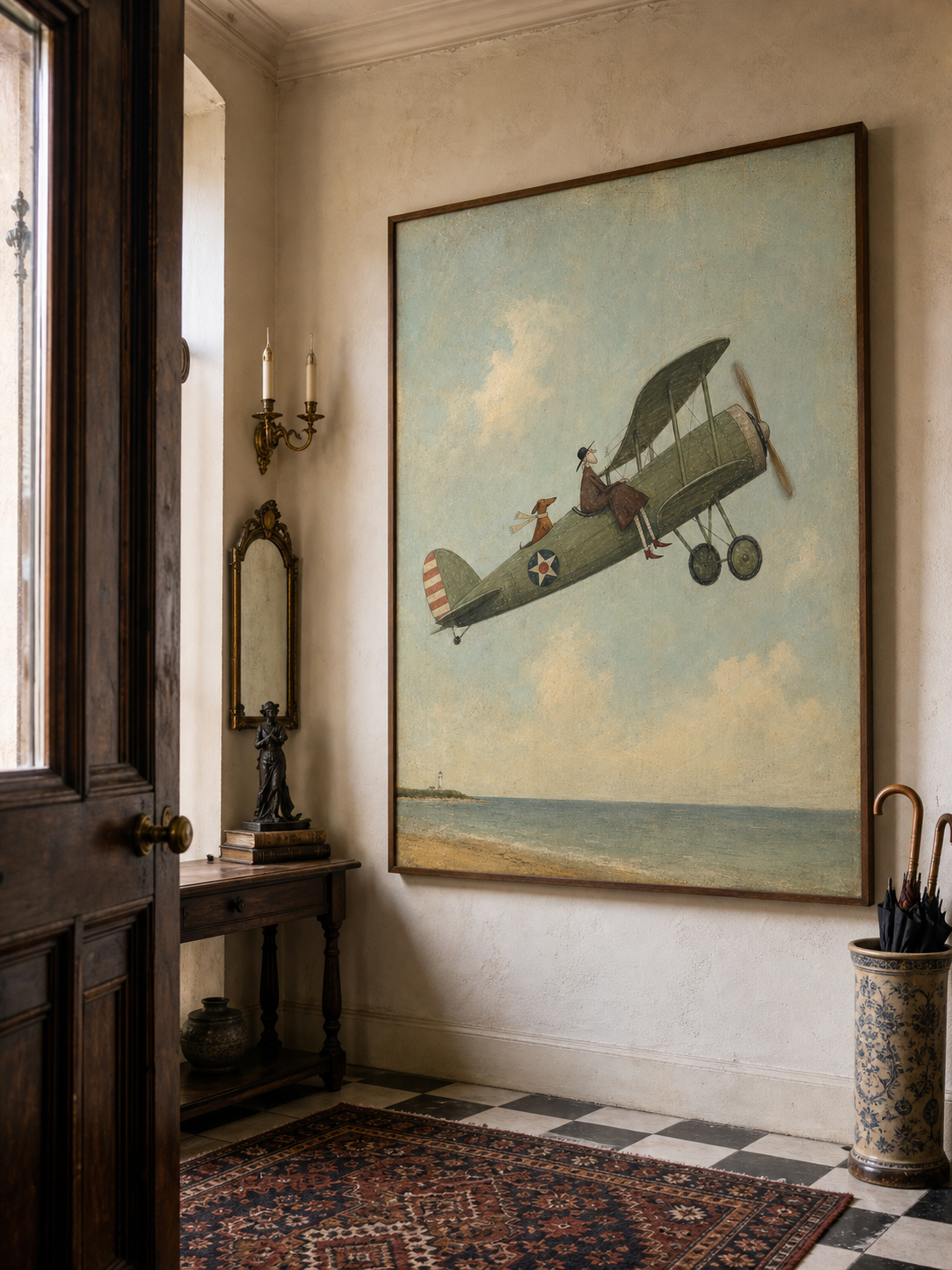 Vintage Airplane Painting Coastal Scene Original Art For Home Decor