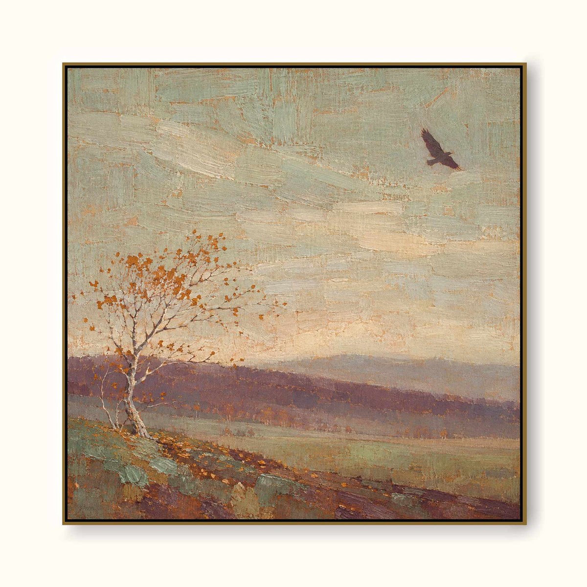 Minimalist Countryside Landscape Canvas Art With Lone Autumn Tree And Bird
