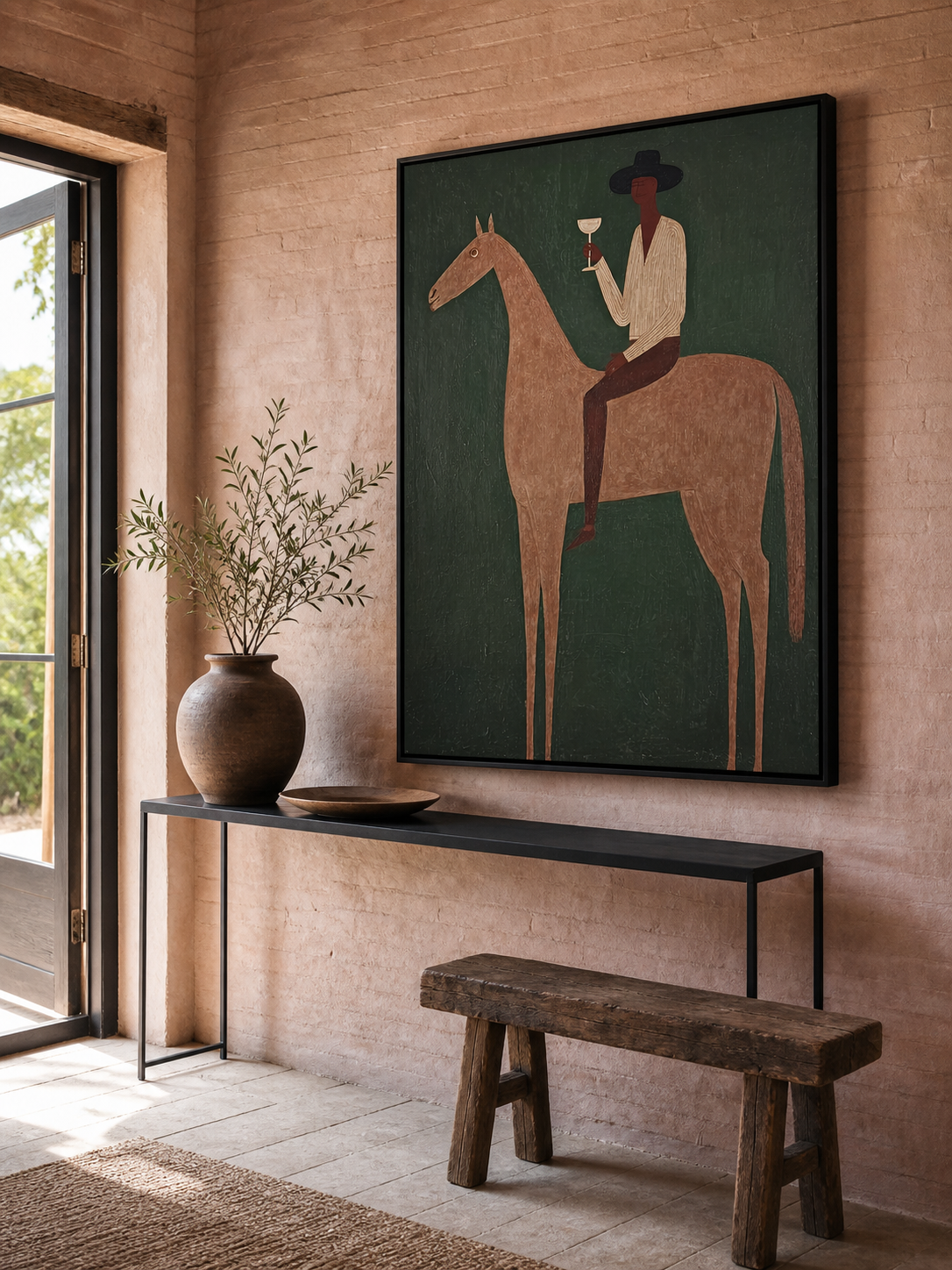 Vintage Equestrian Art Print Featuring Gentleman On Horse With Green Background For Living Room Decor