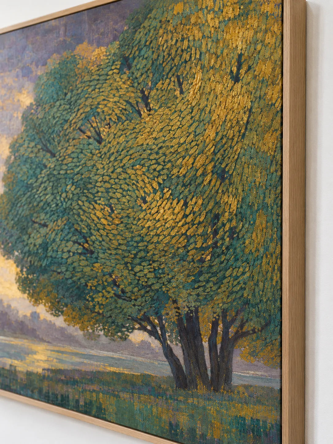 Majestic Tree By Lake Hand-Painted Canvas Art In Gold And Green