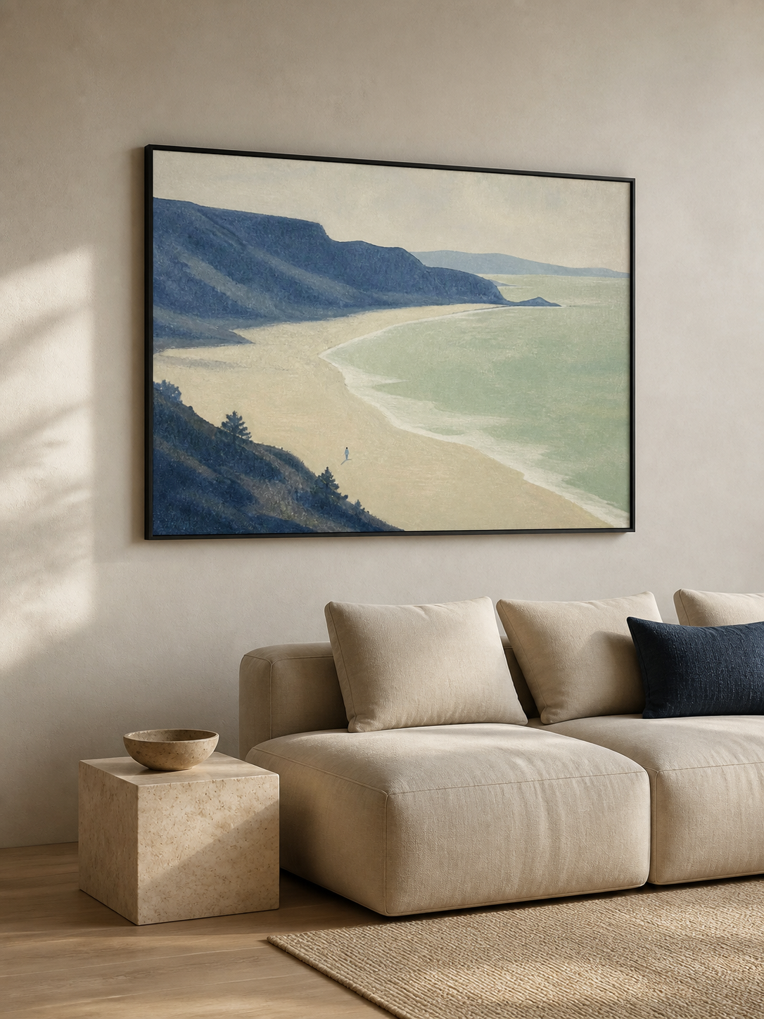 Minimalist Blue Coastal Figure Landscape Painting Large Wall Decor