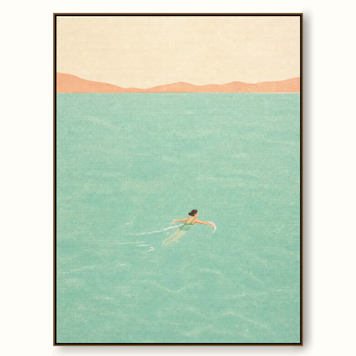 Woman Swimming In Sea Hand-Painted Canvas Wall Art Minimalist Blue
