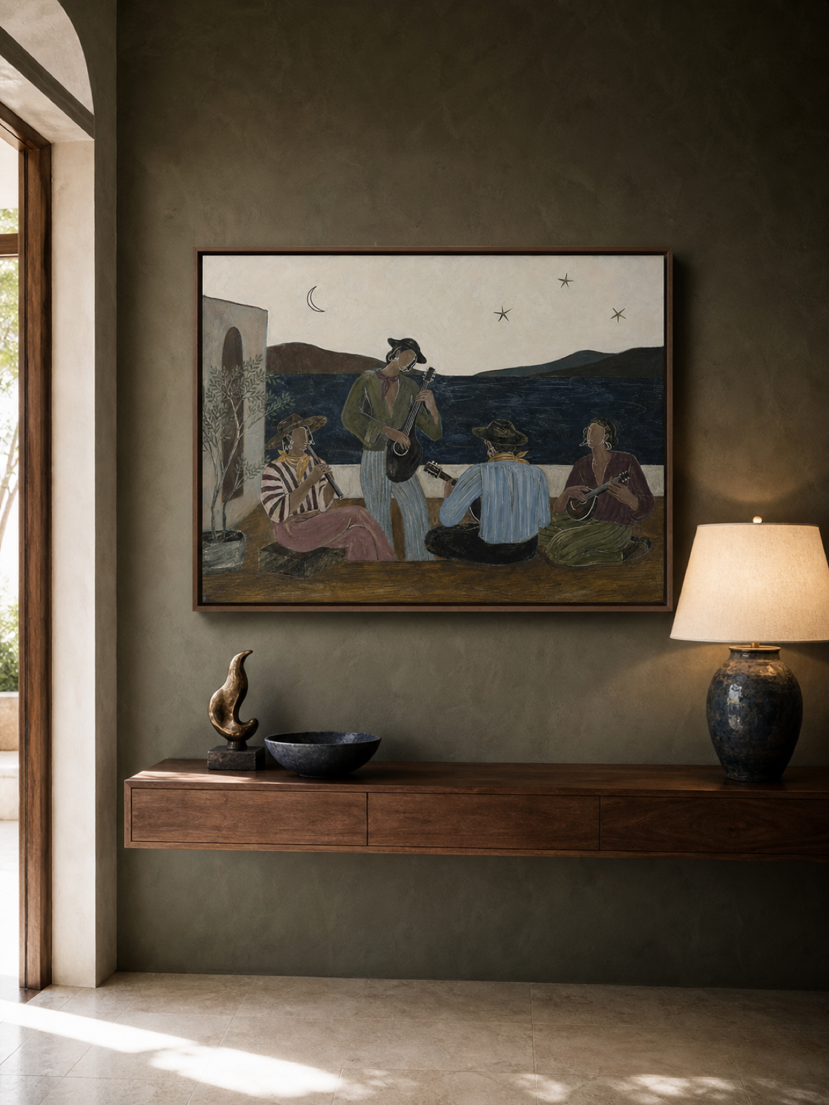 Original Hand Painted Mediterranean Folk Music Painting Vintage Figurative Wall Art
