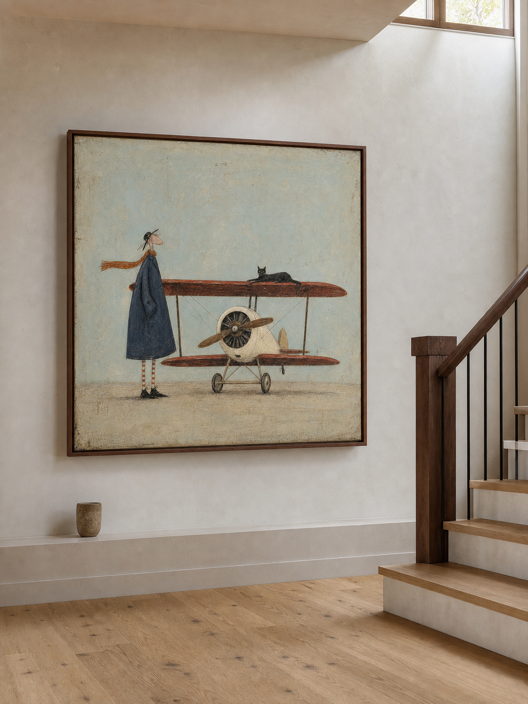 Vintage Airplane Art With Whimsical Figure In Square Canvas Framed For Modern Home Decor