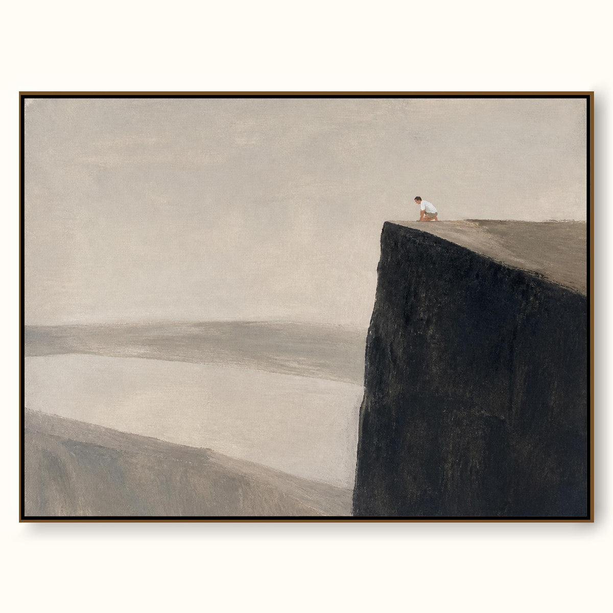 Neutral Black Cliff Oil Painting With A Solitary Figure Modern Wall Art