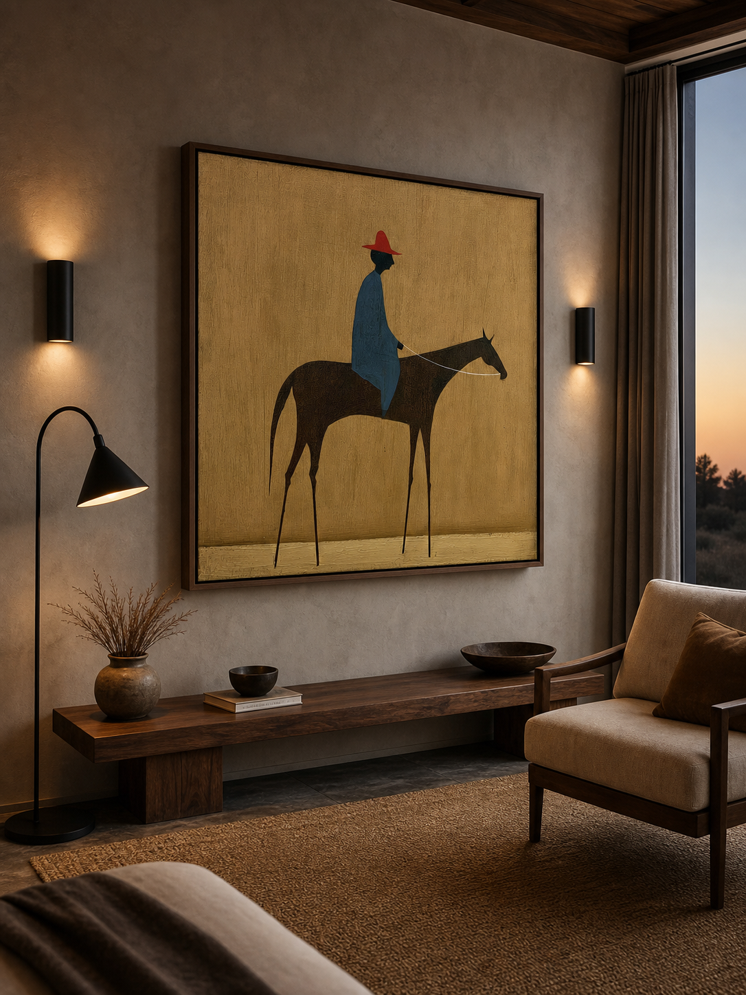 Modern Figurative Oil Painting Of Rider And Horse With Textured Beige Background For Living Room
