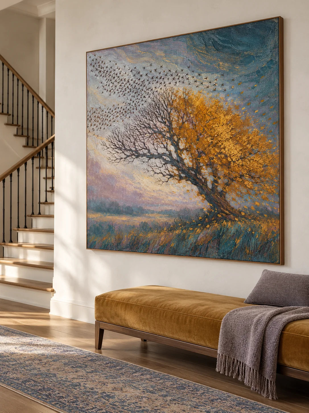 Large Autumn Tree Wall Art Hand Painted Textured Birds And Landscape Painting
