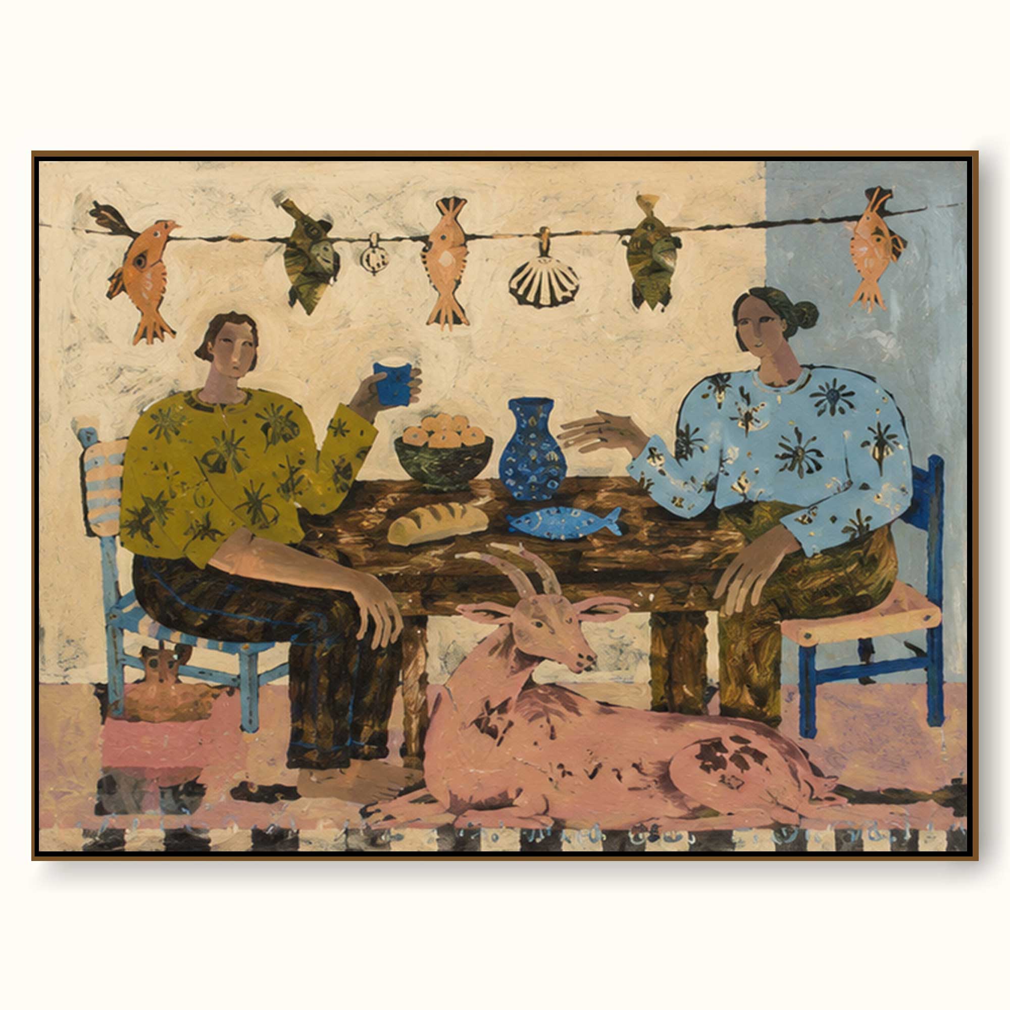 Large Minimalist Bohemian People Canvas Art Framed Original Retro Dining Room Painting