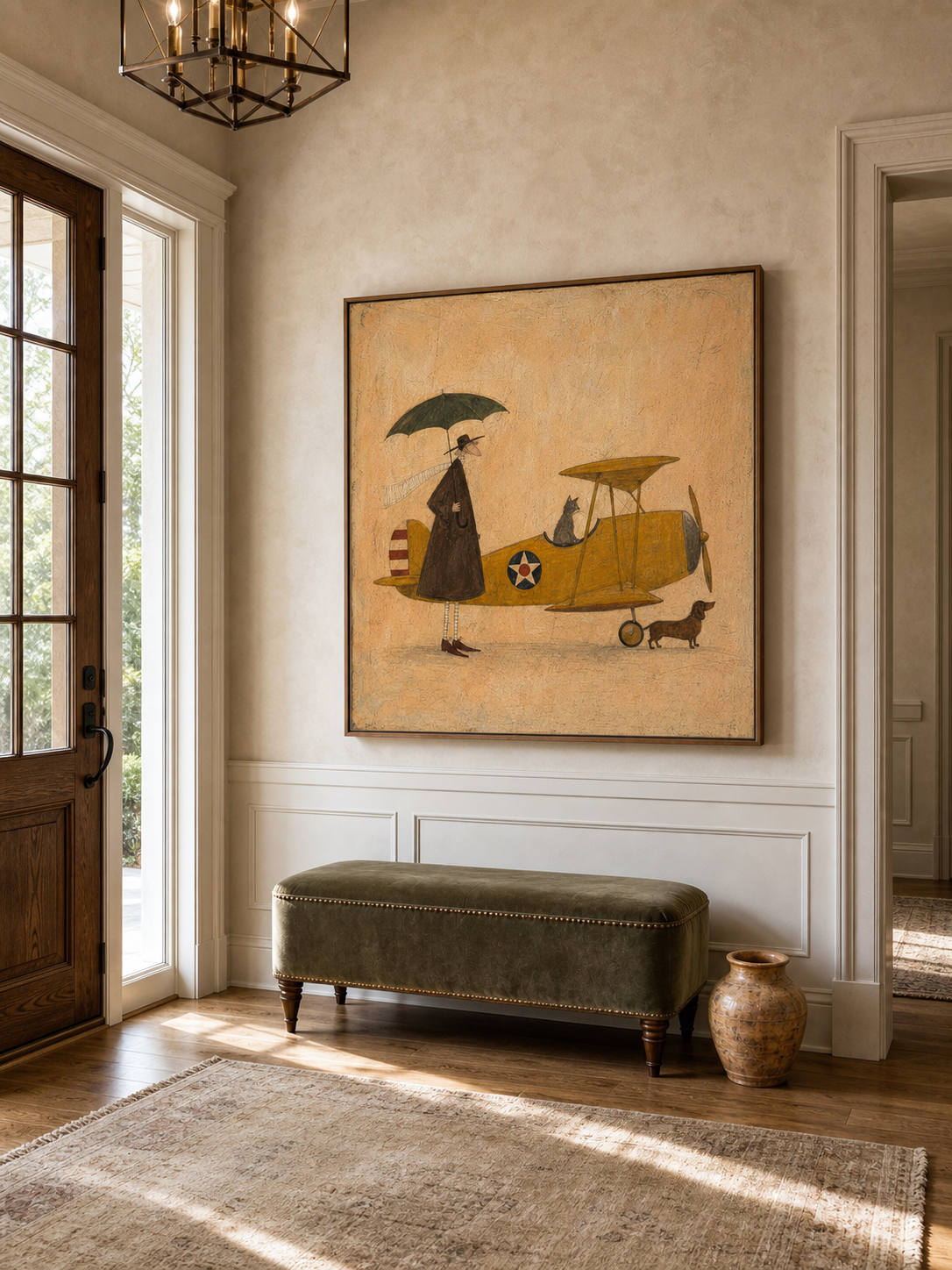 Whimsical Vintage Airplane Painting With Cat And Dog For Eclectic Home Decor
