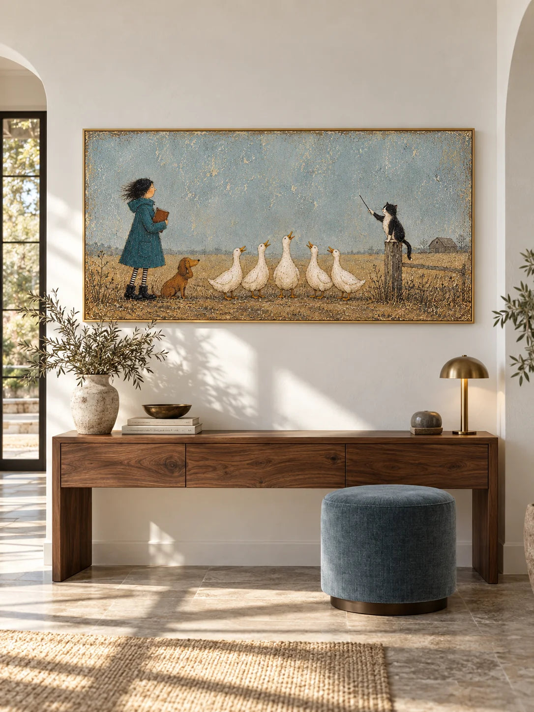 Whimsical Cat And Duck Farm Animal Canvas Painting Hand Painted Wall Art