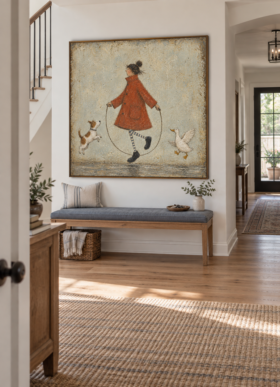 Whimsical Girl Dog And Duck Jump Rope Hand-Painted Canvas Wall Art