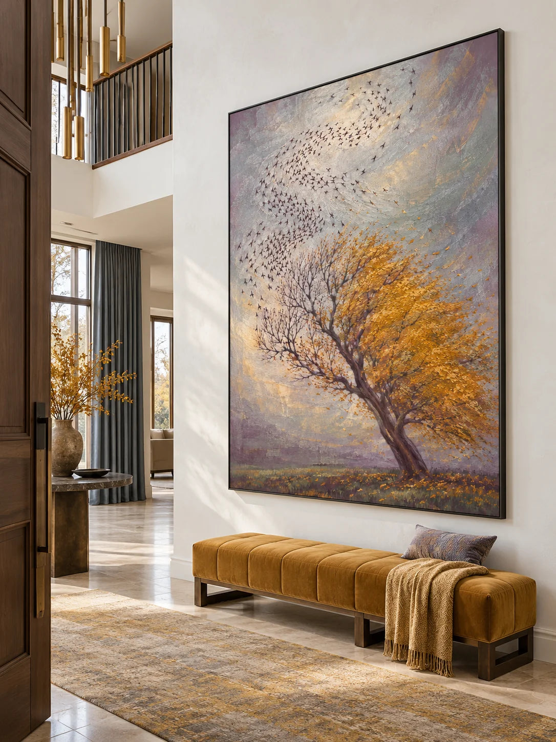 Vintage Golden Autumn Tree Painting Large Textured Bird And Nature Landscape Artwork
