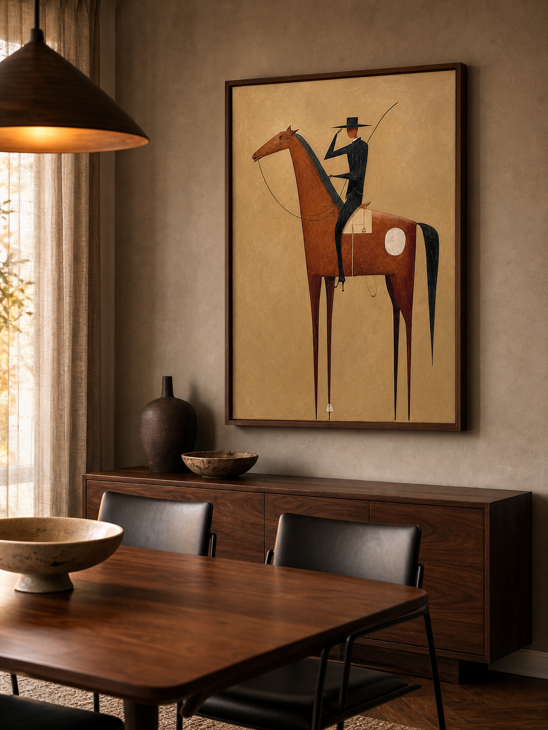 Vintage Minimalist Horse And Rider Painting For Modern Home Decor With Earthy Tones