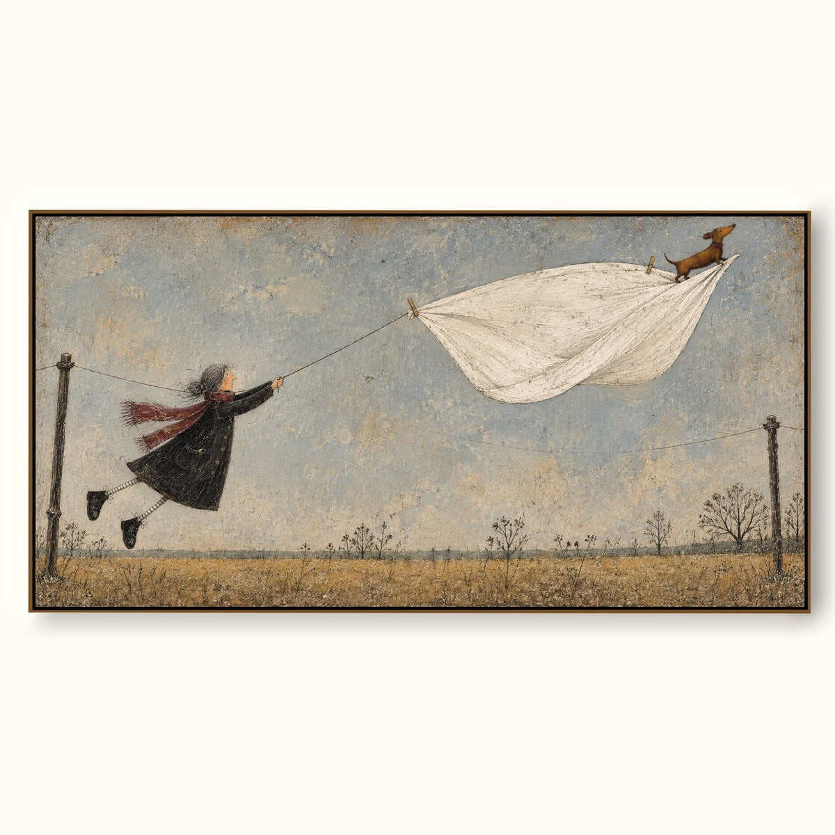 Whimsical Flying Dog Wall Art Hand Painted Playful Laundry Day Canvas Painting
