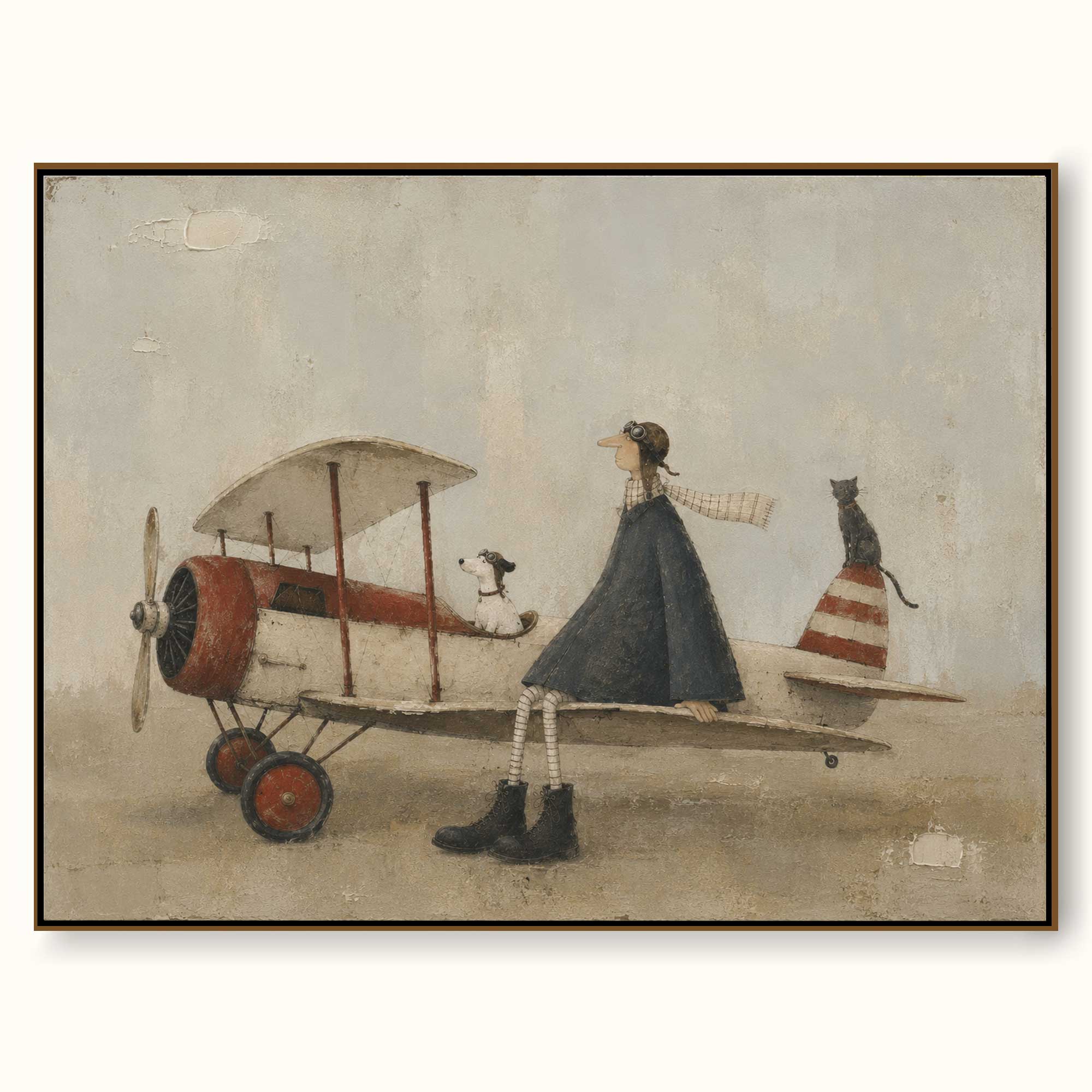 Large Framed Vintage Airplane Canvas Painting With Pilot And Cute Pets