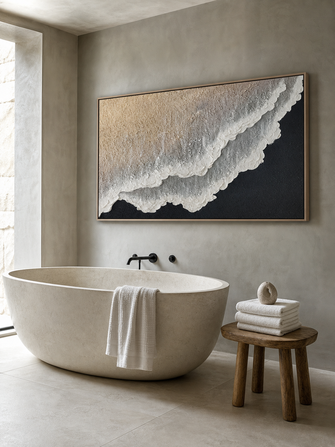 3D Hand Painted Ocean Wave Art Minimalist Beige Black Wall Decor For Living Room