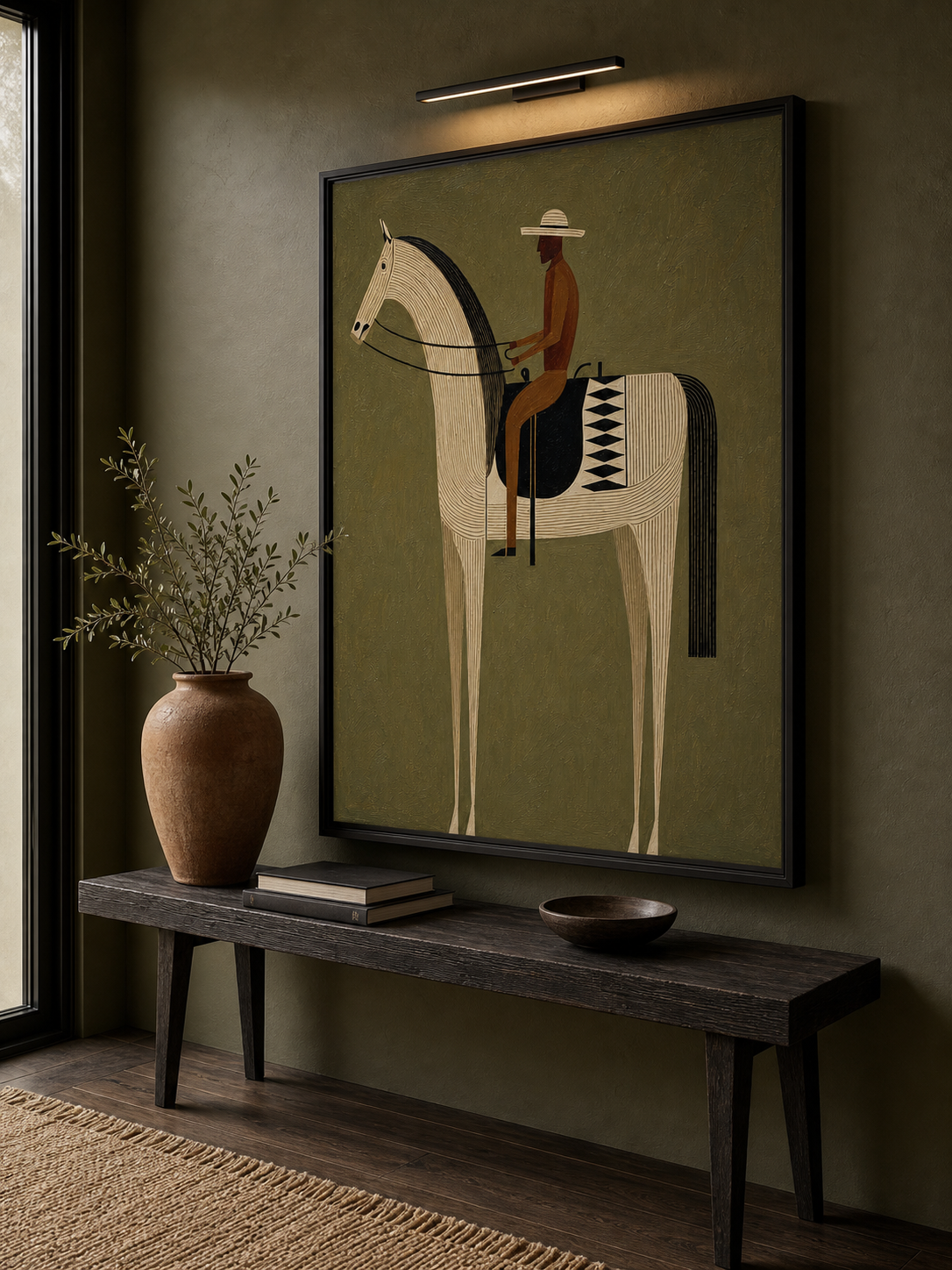Retro Minimalist Horse And Rider Painting With Earthy Tones For Modern Home Decor