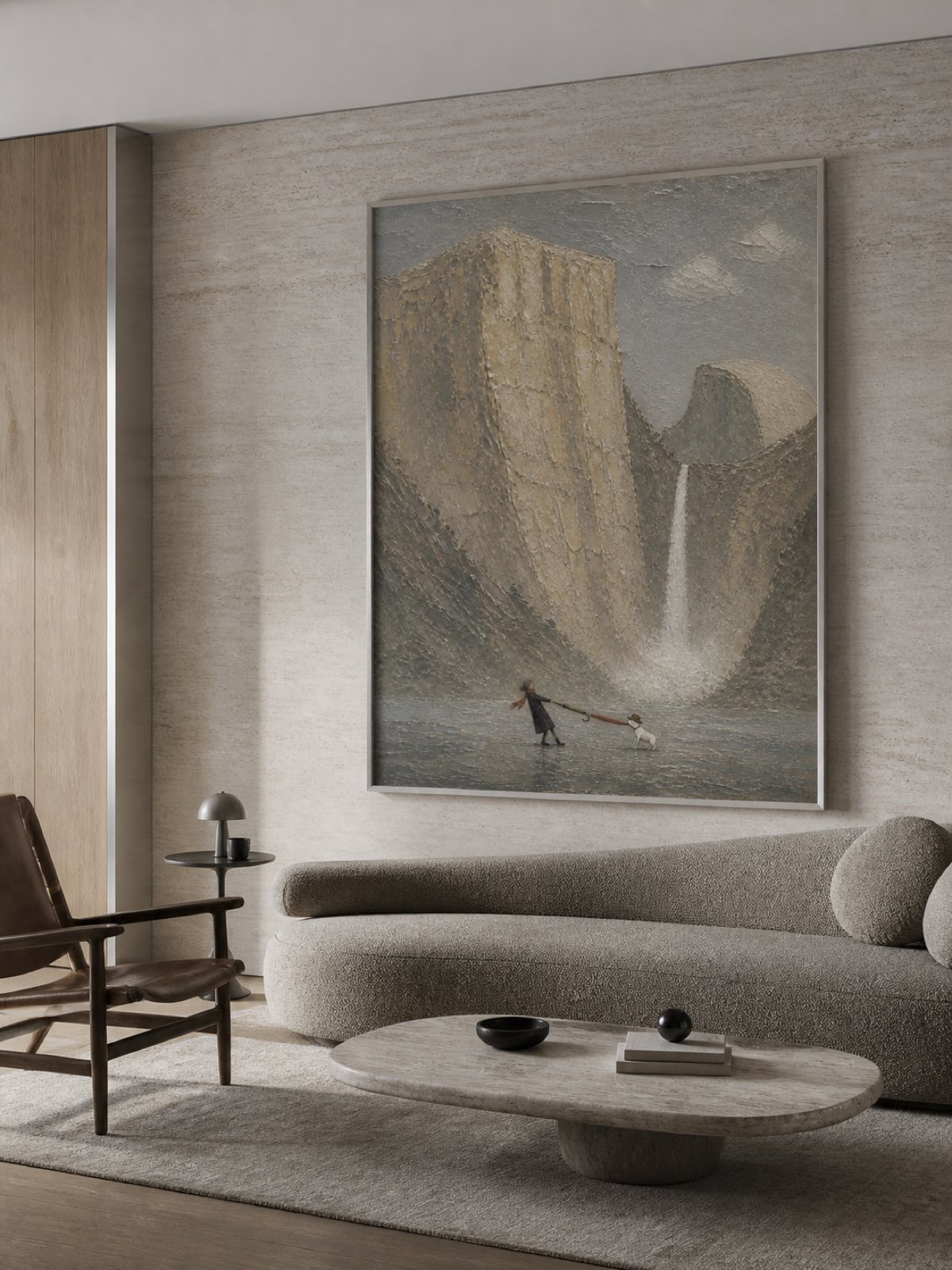 Vintage Traveler And Dog Canvas Painting With Textured Mountain