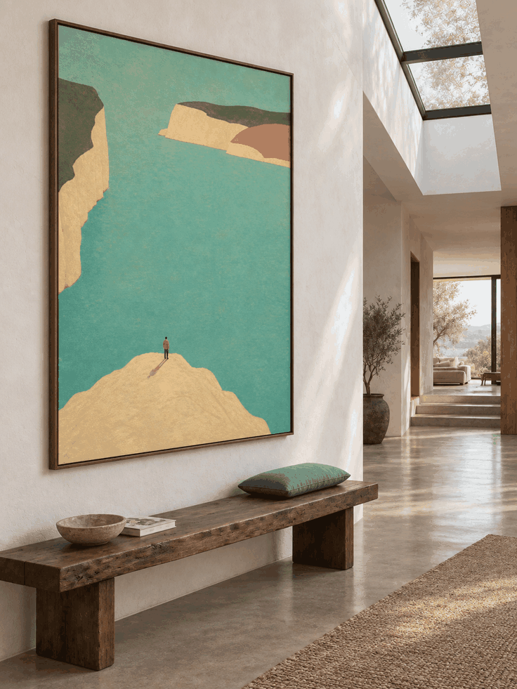 Large Aqua Coastal Landscape Wall Art With Cream Cliffs For Living Room Decor