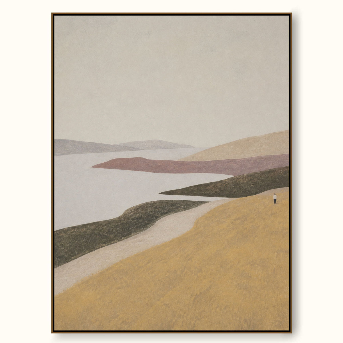 Large Golden Lakeside Canvas Art With Lone Figure For Living Room Decor
