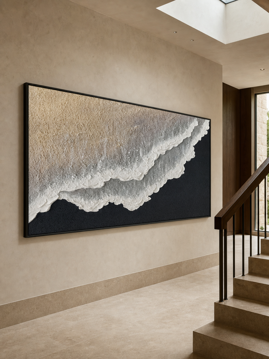 3D Hand Painted Ocean Wave Art Minimalist Beige Black Wall Decor For Living Room